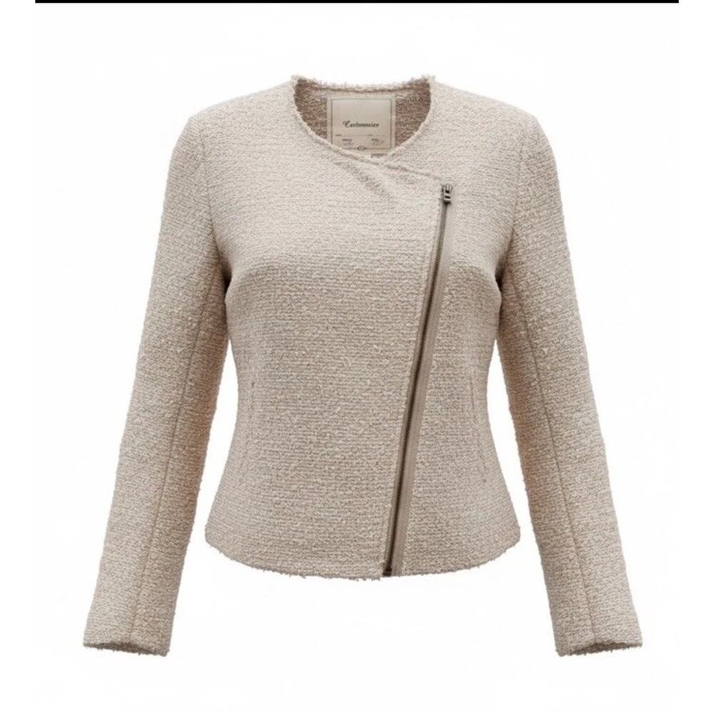 Cartonnier Anthropologie Women Size Large Knit Moto Jacket Beige Ecru Tweed Zip